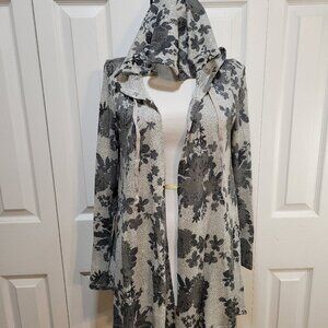 T/O SWEATERS Gray Black Long Sleeve Floral Open Front Hooded Cardigan Top sz S